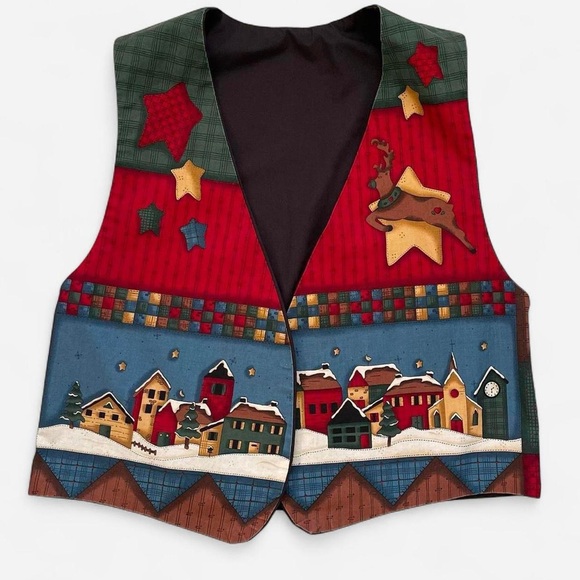 Handmade Tops - Vintage Handmade Christmas Holiday Santa Reindeers Christmas Scene Vest